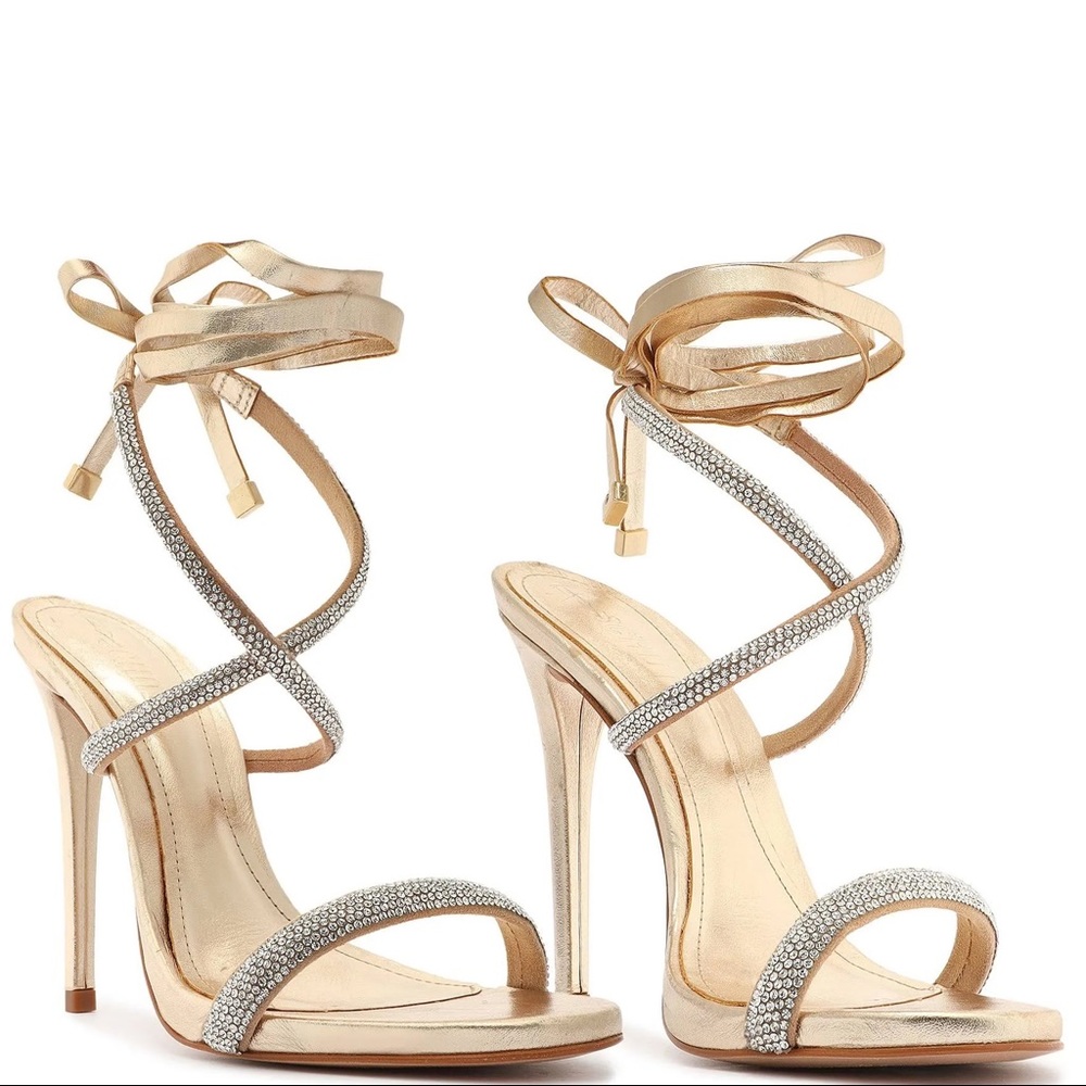 Schutz Cloe 5” Gold Leather Crystal Wrap Heel Sandal size 38
